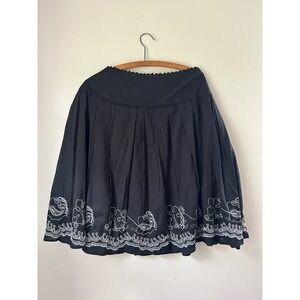 Grunge Venezia Embroidered Black Cotton Skirt Women's Size 18 Pleated Flared